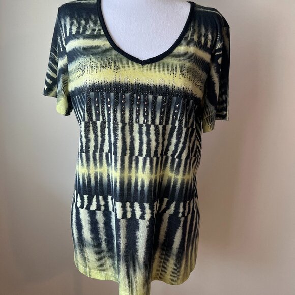 Christopher & Banks Yellow/Green/Black Striped Rhinestone Tee - L - Y2K Sparkle! - Picture 3 of 8